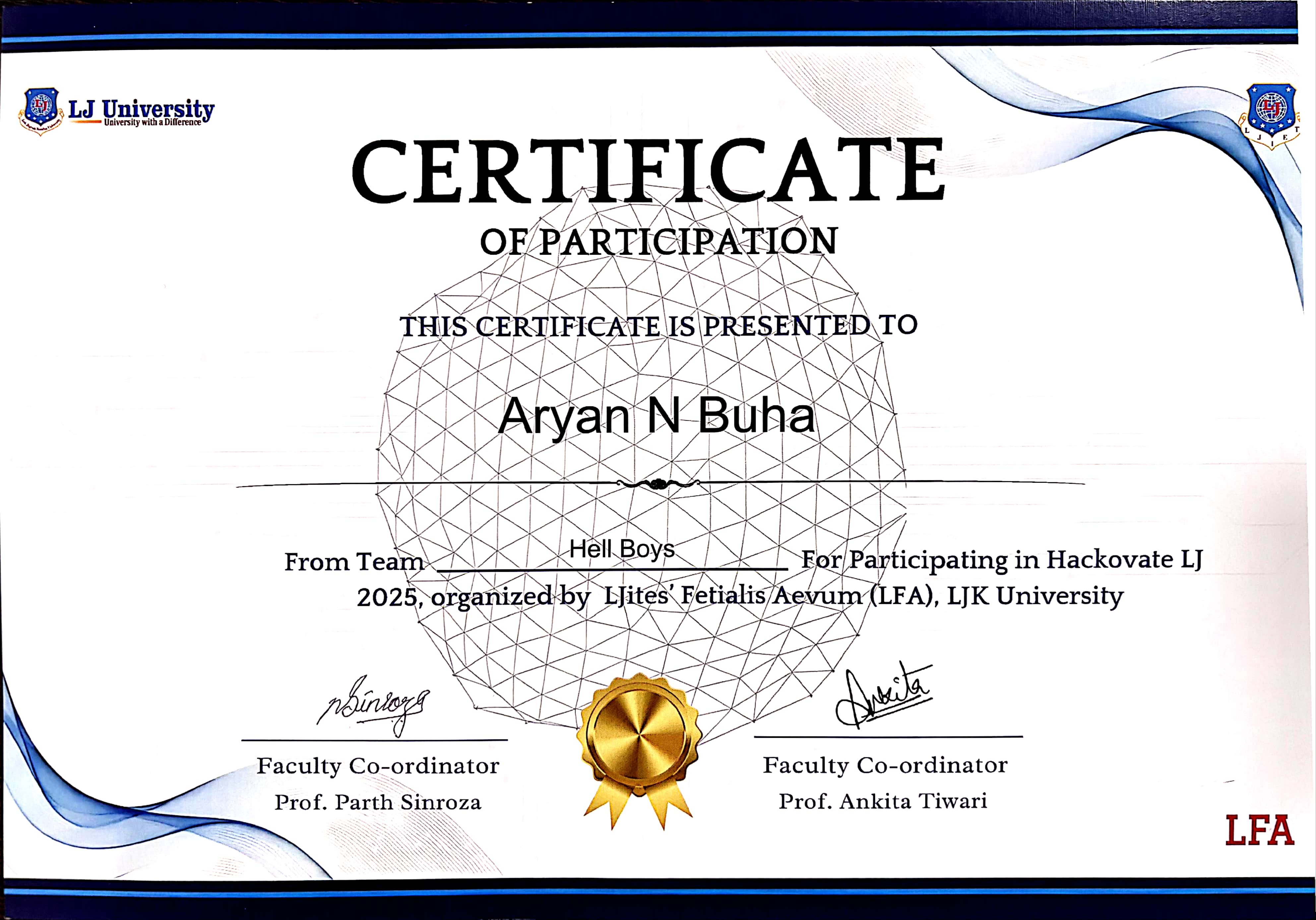 LJ University Certificate